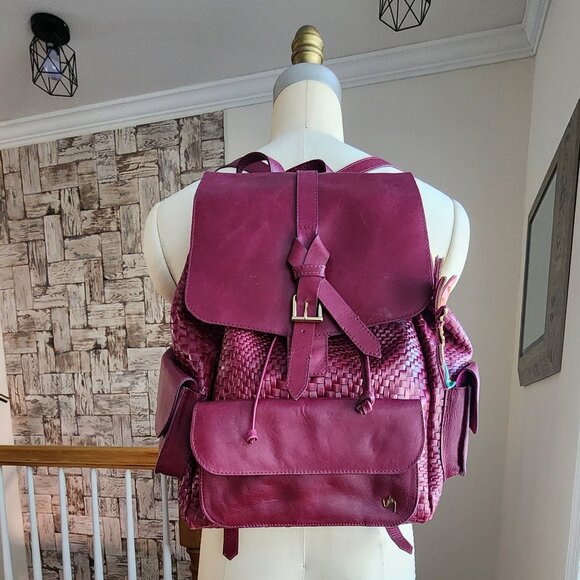 Woven Leather Backpack in Burgundy - Picture 3 of 15